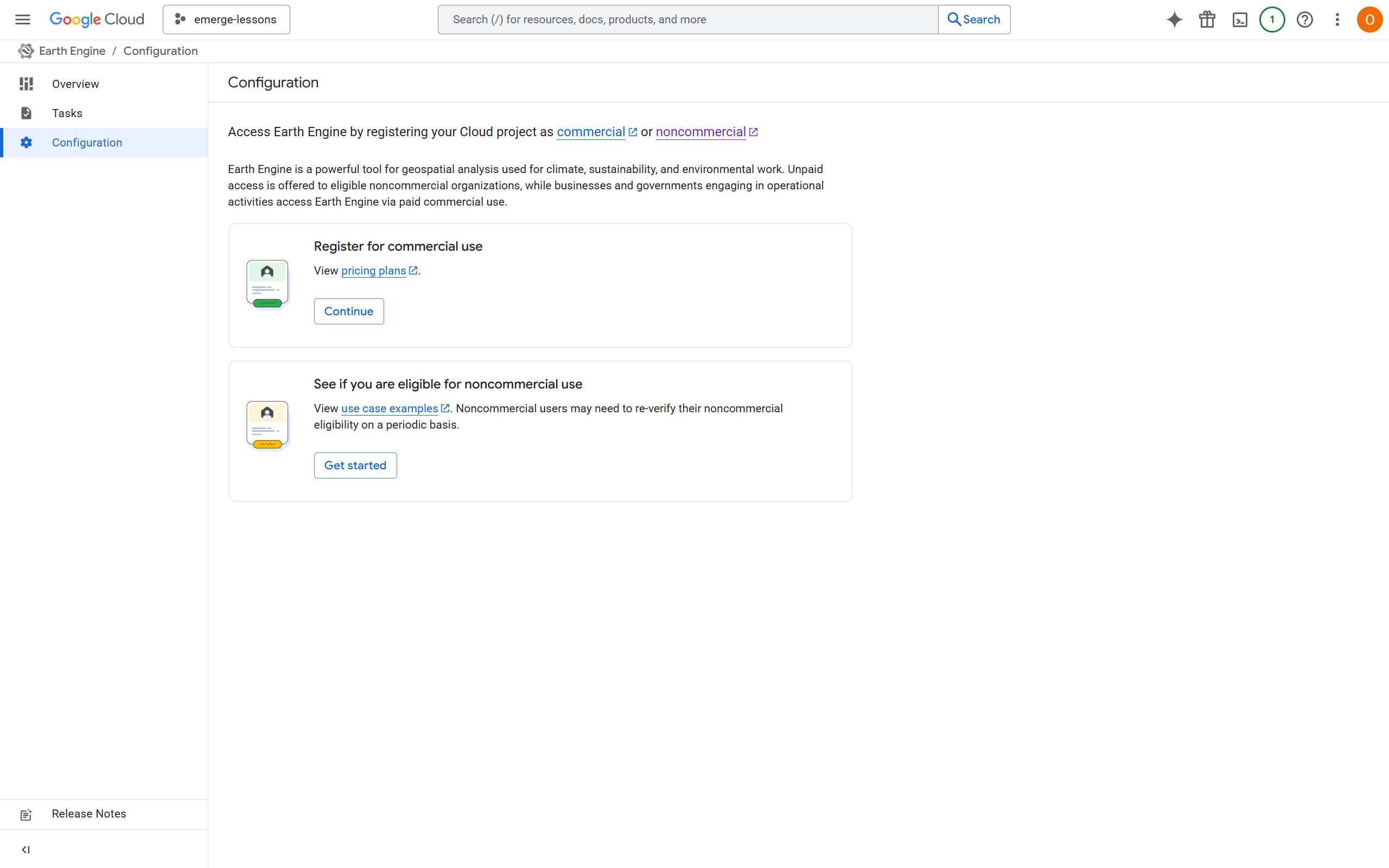 Página de configuración de Google Cloud