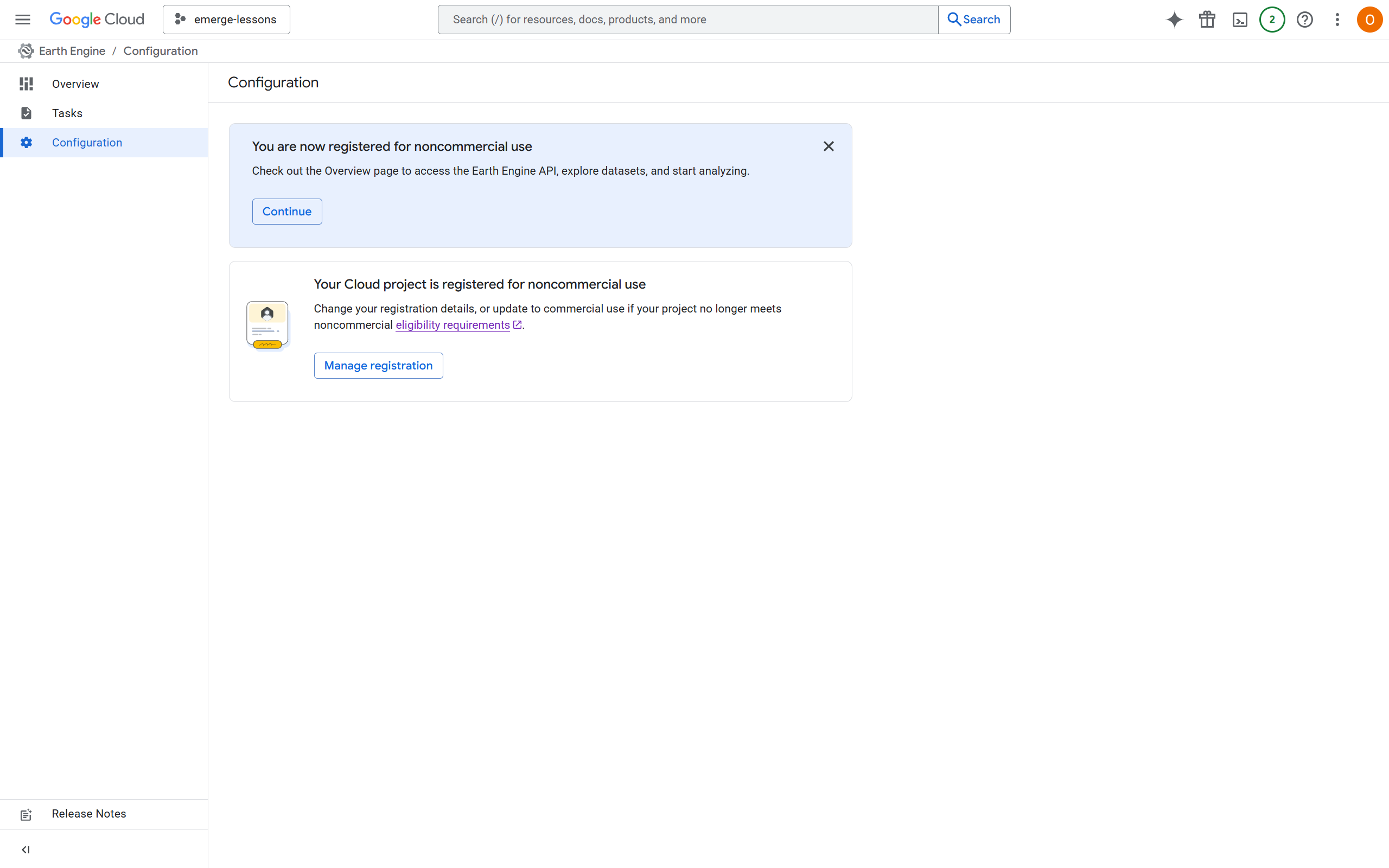 Página de configuración que confirma el registro del proyecto de Cloud