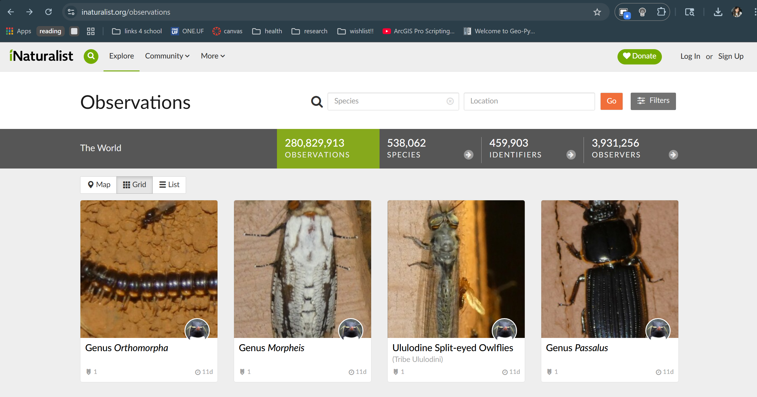 Captura de pantalla del sitio web de iNaturalist