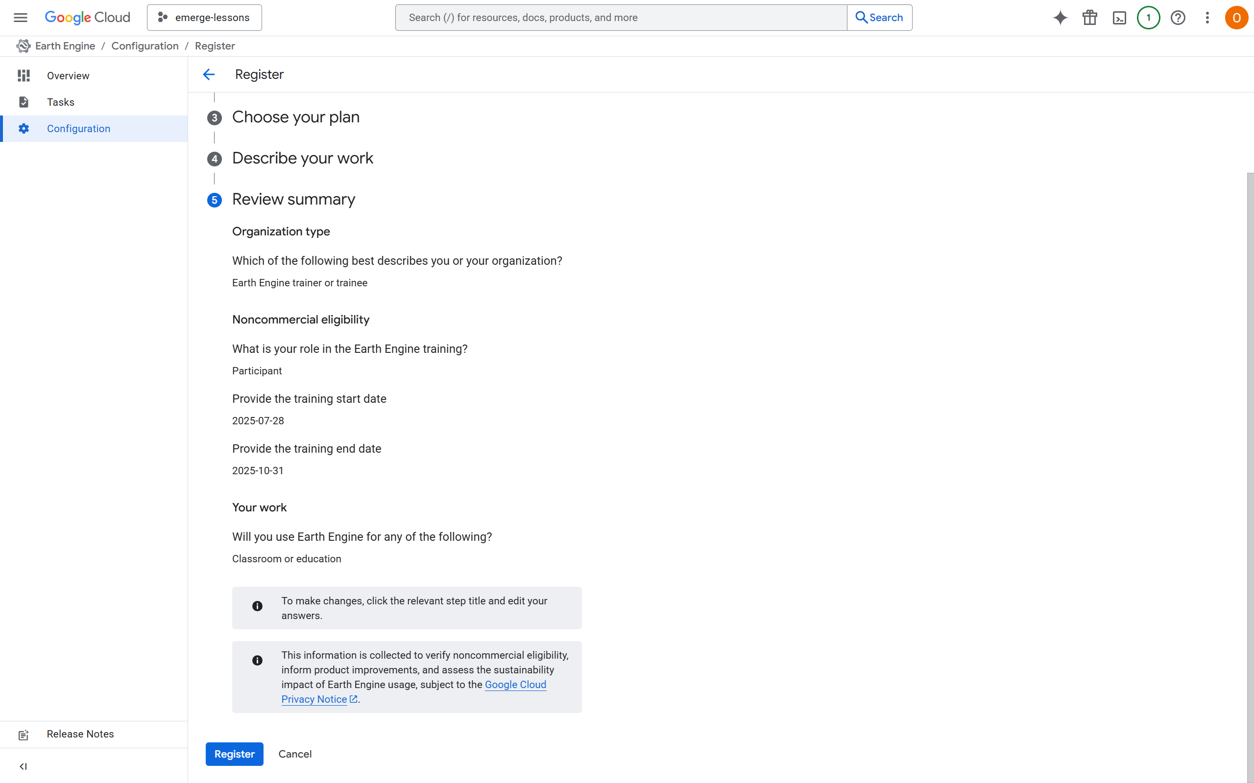 Earth Engine registration page
