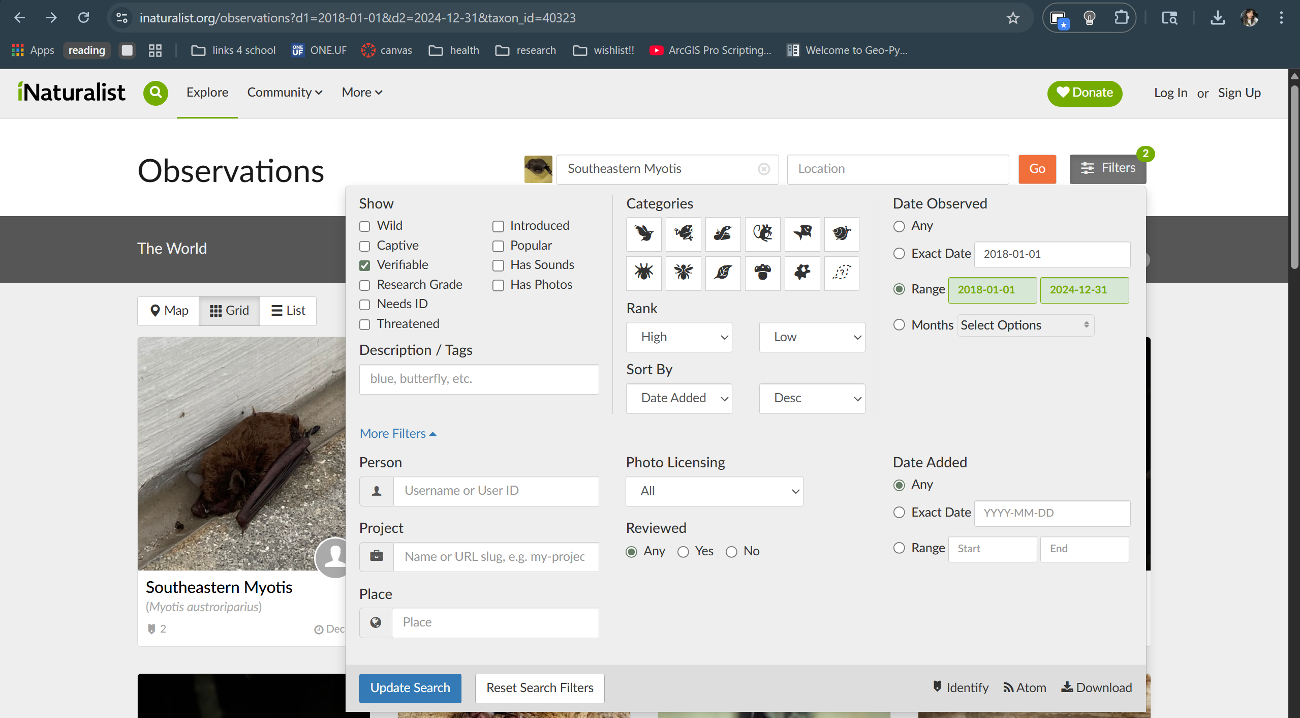 Screenshot of the filters options with the date range set