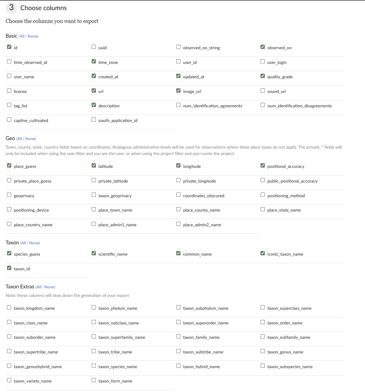 Screenshot of the columns chosen to download the data